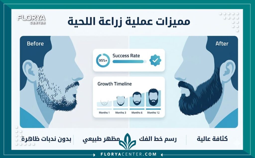 انفوجرافيك يوضح مقارنة بين قبل وبعد عملية زرع شعر اللحية، مبرزاً النتائج من حيث الكثافة والمظهر الطبيعي.