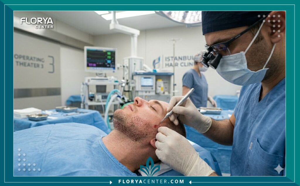 طبيب مختص يقوم بإجراء عملية زراعة دقيقة لشعر الذقن لمريض داخل غرفة عمليات معقمة ومجهزة بالكامل.