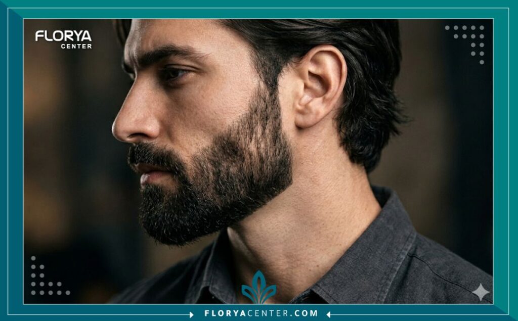 لقطة قريبة تحدد خط الفك والذقن لرجل بعد زراعة شعر اللحية، تظهر كثافة الشعر وتحديد الدقن الجذاب.