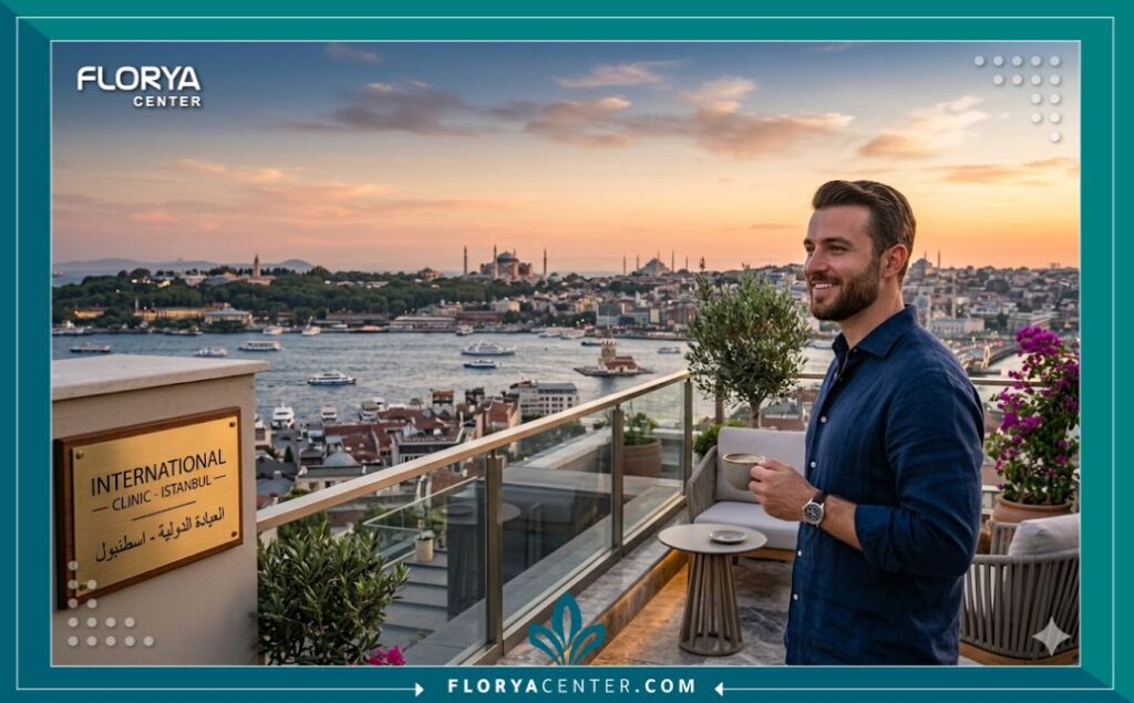 مريض يستمتع بجمال مدينة إسطنبول بتركيا وإطلالة البوسفور بعد خضوعه لعملية زراعة اللحية في عيادة تخصصية.