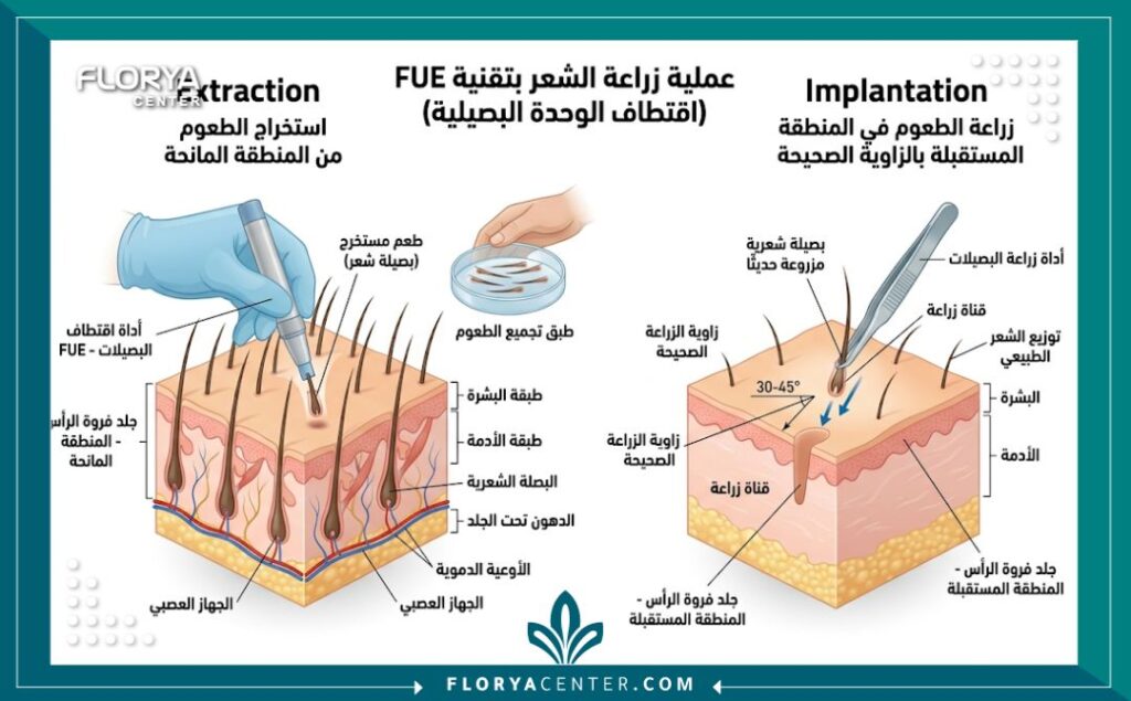 مخطط طبي توضيحي يشرح مراحل تقنية FUE لزراعة الشعر في تركيا، من الاقتطاف إلى الغرس، مع توضيح طبقات الجلد.