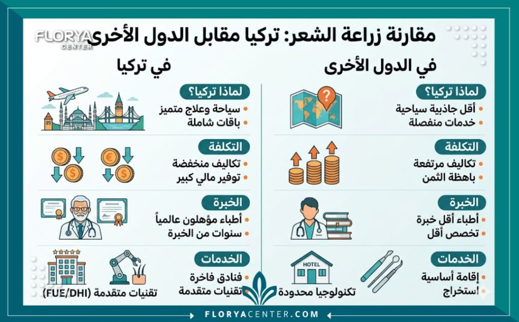 إنفوجرافيك بالعربية يقارن بين مميزات تكلفة وخبرة وخدمات زراعة الشعر في تركيا مقارنة بالدول الأخرى.