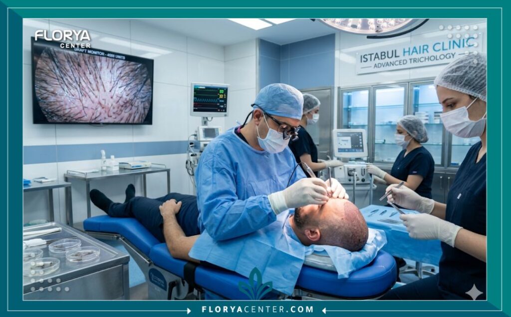 طاقم طبي متخصص يجري عملية زراعة شعر داخل غرفة عمليات معقمة ومجهزة بأحدث التقنيات في مصحة باسطنبول، تركيا.