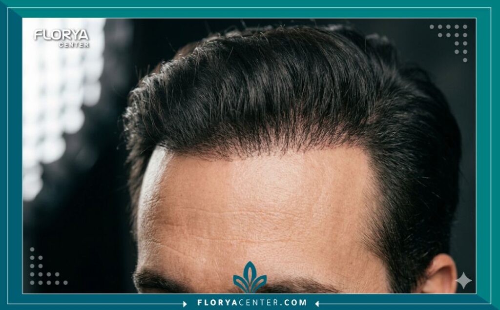 لقطة مقربة تظهر كثافة ومظهر خط الشعر الطبيعي بعد مرور 6 أشهر على إجراء عملية زرع شعر ناجحة في تركيا.