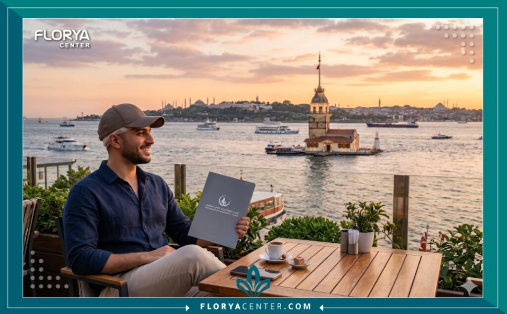 مريض يقضي فترة النقاهة والاسترخاء على ضفاف البوسفور في إسطنبول بعد الانتهاء من عملية زرع الشعر، يجمع بين العلاج والسياحة في تركيا.