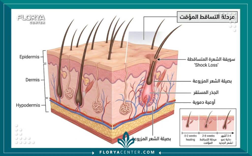 رسم تخطيطي طبي يوضح تشريح فروة الرأس وآلية سقوط الشعر المزروع (صدمة التساقط) مع بقاء الجذور حية وبصيلات الشعر آمنة تحت الجلد.