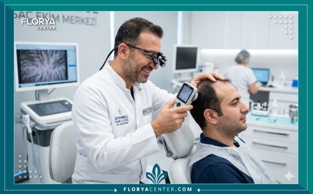 طبيب متخصص في زراعة الشعر يفحص فروة رأس مريض في عيادة معقمة وحديثة، يقدم الطمأنينة للمريض بشأن نجاح العملية بعد فترة سقوط الشعر المزروع.