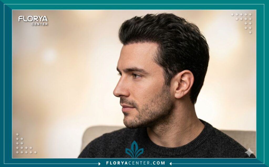 مظهر جانبي لنموذج رجل يظهر خط شعر طبيعي كثيف وناجح بعد عدة أشهر من عملية زراعة الشعر وانقضاء مرحلة التساقط.