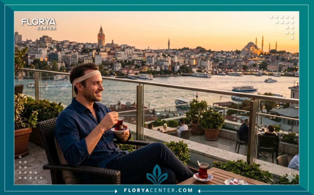 مريض مسترخي يستمتع بمنظر البوسفور في اسطنبول بعد عملية زراعة الشعر، يرمز لرحلة سياحة علاجية مريحة وناجحة لتجاوز مخاوف سقوط الشعر المزروع.