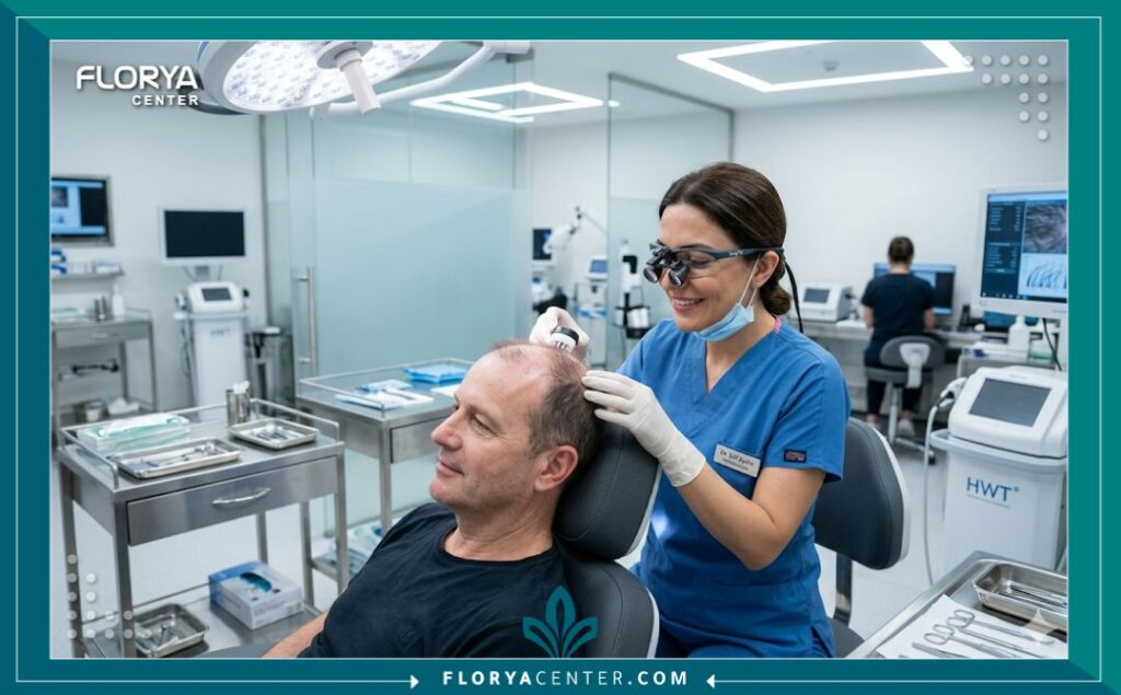 طبيب مختص في زراعة الشعر يفحص فروة رأس مريض داخل عيادة معقمة وحديثة في إسطنبول، يقدم الطمأنة للمريض بشأن مرحلة التساقط.