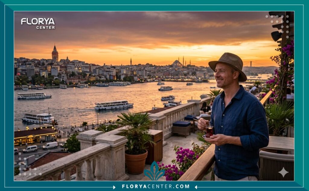 منظر طبيعي لمدينة إسطنبول والبوسفور وقت الغروب، يظهر شخص يسترخي خلال فترة التعافي بعد زراعة الشعر، يرمز للسياحة العلاجية الناجحة.