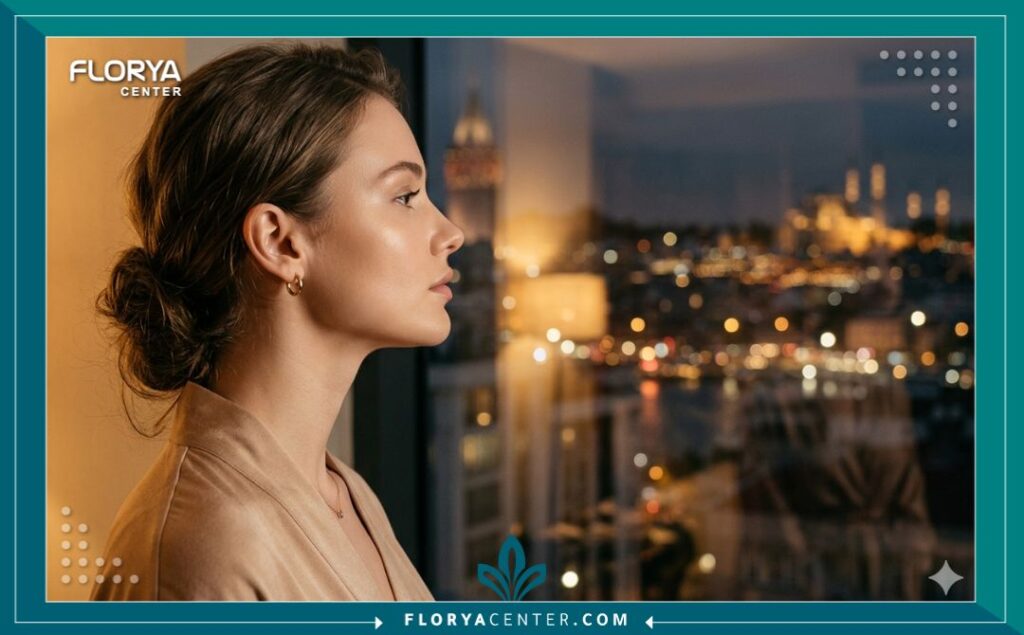 لقطة فنية لنموذج أنثوي تظهر نتائج عمليات تحديد الوجه والرقبة الجمالية التي يتم إجراؤها بشكل شائع في تركيا.