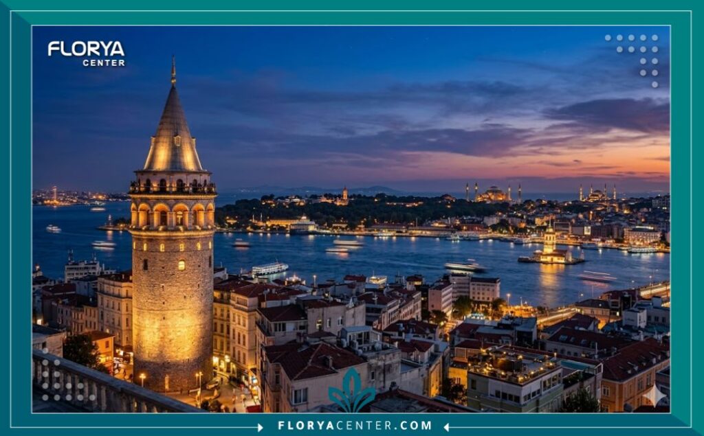 مشهد بانورامي لبرج غلطة والبوسفور في اسطنبول، يمثل تجربة سياحية فاخرة ومريحة بعد السياحة التجميلية في تركيا.