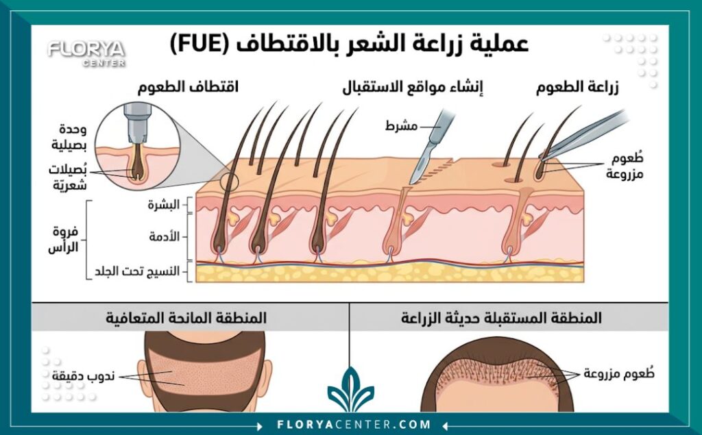 رسم تخطيطي طبي يوضح مراحل عملية زراعة الشعر بالاقتطاف FUE من البصيلة إلى النتيجة