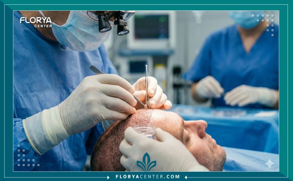 لقطة واقعية من داخل غرفة العمليات أثناء إجراء زراعة الشعر بدقة في عيادة متخصصة