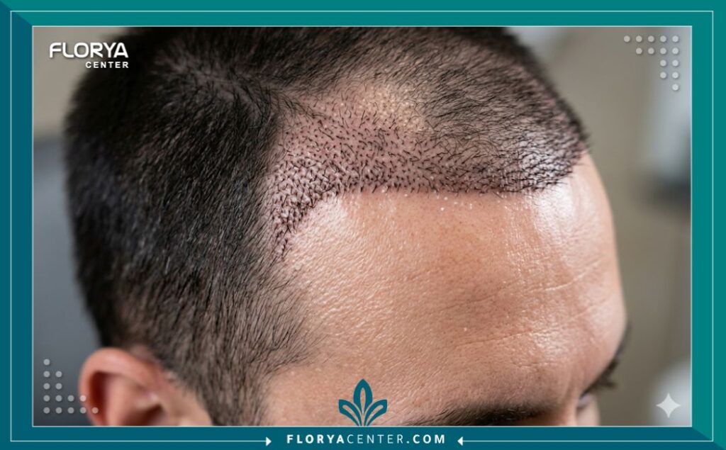 لقطة قريبة (ماكرو) تظهر تفاصيل وكثافة الشعر المزروع وخط الشعر الطبيعي بعد الشفاء