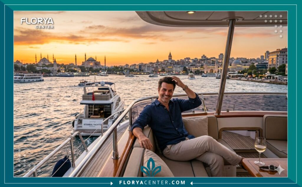 مريض سعيد بنتائج زراعة الشعر يستمتع بوقته على متن يخت في البوسفور باسطنبول، تركيا