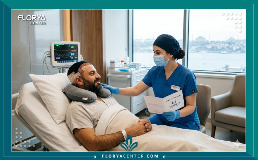 صورة واقعية داخل مستشفى زراعة الشعر في اسطنبول، تظهر ممرضة تضبط وسادة رقبة لمريض بعد العملية مباشرة كجزء من الرعاية اللاحقة.