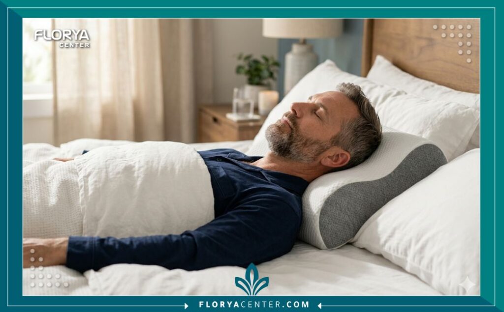 لقطة فوتوغرافية جمالية تركز على رجل مستلقٍ بسلام مع وسادة رقبة طبية، توضح طريقة النوم المريحة والمثالية بعد عملية زراعة الشعر.