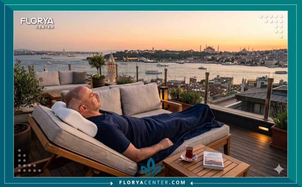 لقطة فوتوغرافية بانورامية في اسطنبول عند الغروب، تظهر مريضًا مستلقيًا بشكل مريح على سرير مائل ويطل على البوسفور، مما يمزج بين الراحة بعد العملية وجمال الوجهة.