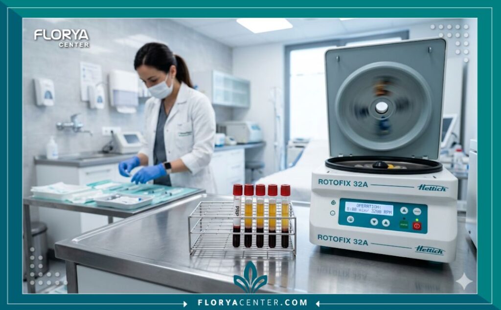 لقطة واقعية لجهاز الطرد المركزي وأنابيب اختبار تحتوي على البلازما الغنية بالصفائح الدموية الجاهزة للحقن في العيادة.