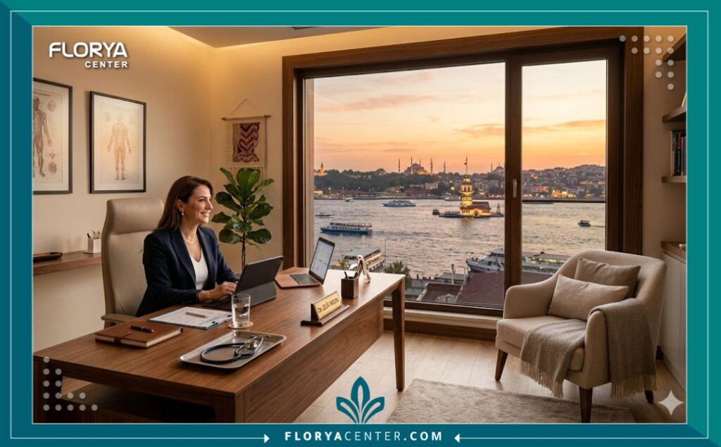 عيادة فاخرة لإجراء حقن البلازما (PRP) للشعر في إسطنبول، تركيا، مع إطلالة بانورامية على البوسفور.