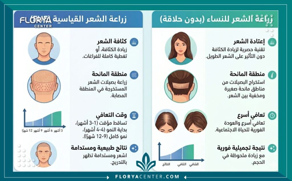 إنفوجرافيك يقارن بين زراعة الشعر القياسية للنساء (اقتطاف) وزراعة الشعر بدون حلاقة الرأس بالكامل، مع التركيز على التقنية والمظهر.