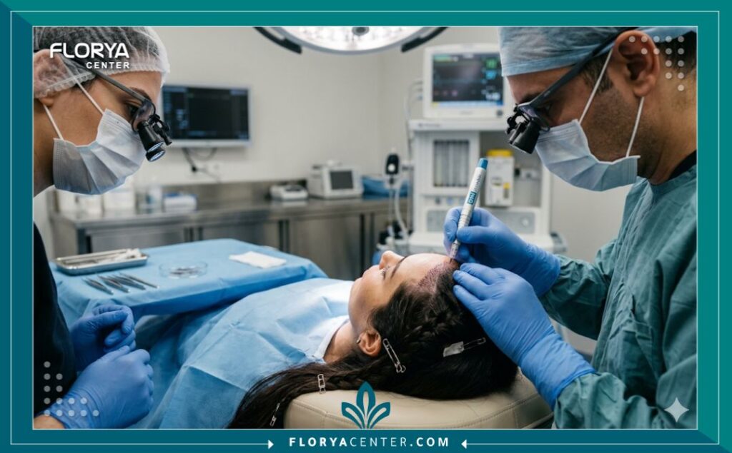 لقطة واقعية ليد جراح ماهر يقوم بعملية زراعة الشعر للنساء بدون حلاقة باستخدام أدوات دقيقة في غرفة عمليات معقمة في اسطنبول.