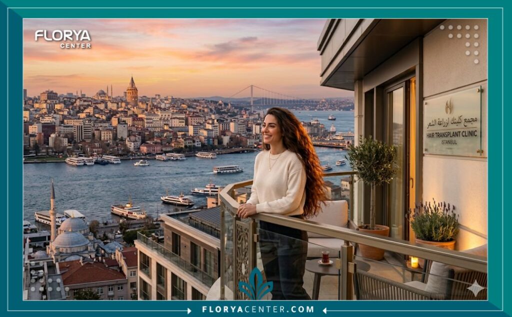 منظر بانورامي سينمائي لامرأة سعيدة بشعرها الجديد على شرفة عيادة زراعة الشعر في اسطنبول تطل على البوسفور وبرج غالاتا، مما يرمز إلى نجاح السياحة العلاجية في تركيا.