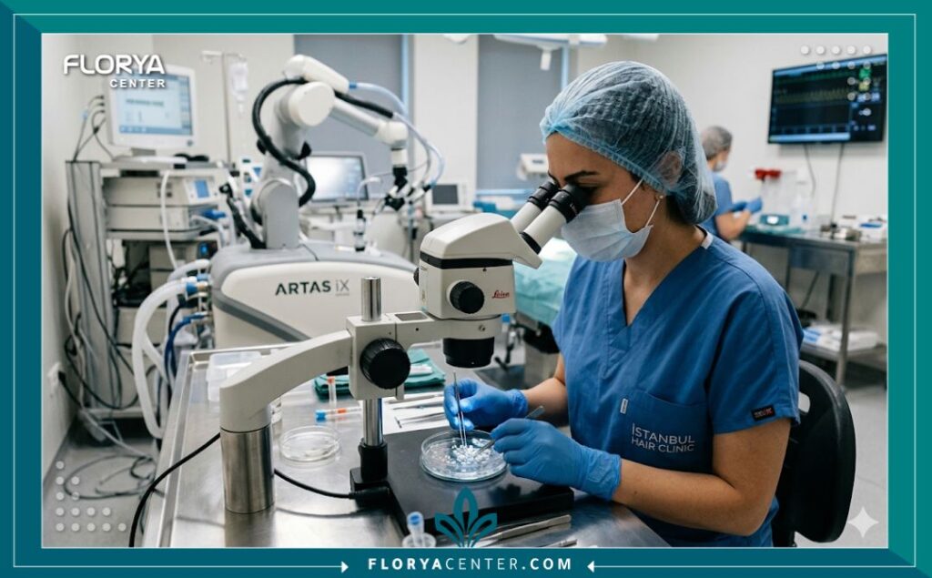 لقطة واقعية من داخل غرفة عمليات معقمة تظهر تحضير بصيلات الشعر المقتطفة لزراعتها في الذقن في مركز طبي.