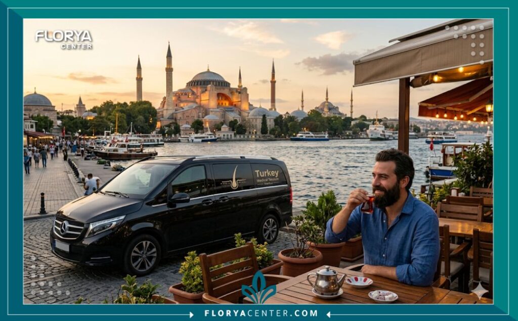 رجل يستمتع بجمال اسطنبول في تركيا بعد إجراء عملية زراعة شعر الذقن، مما يعكس تجربة السياحة العلاجية.