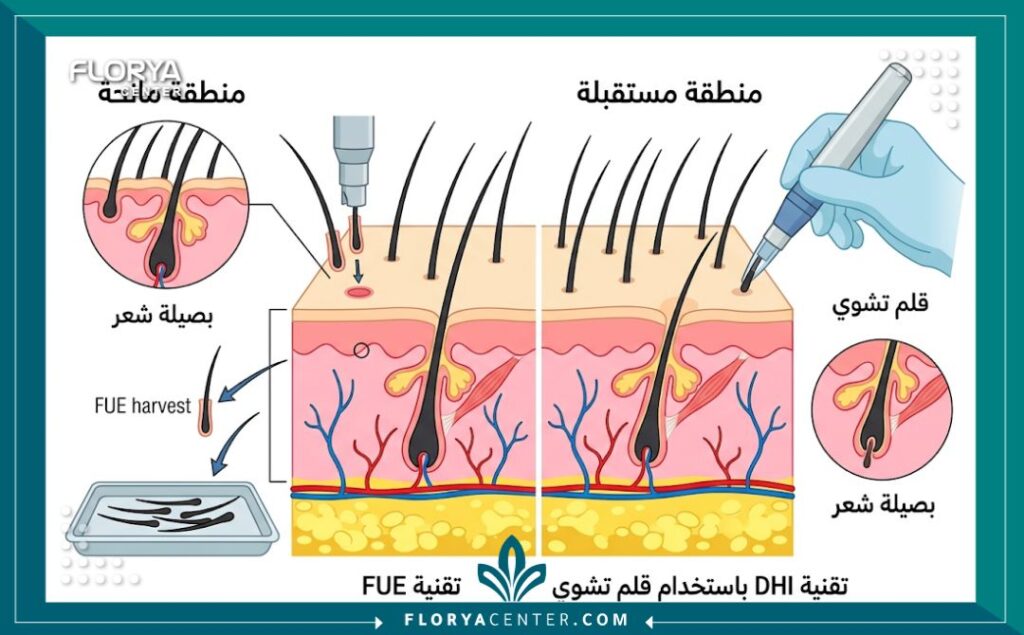 رسم تخطيطي طبي يوضح آلية اقتطاف وزراعة البصيلات ضمن طريقة زرع الشعر للنساء (FUE و DHI).
