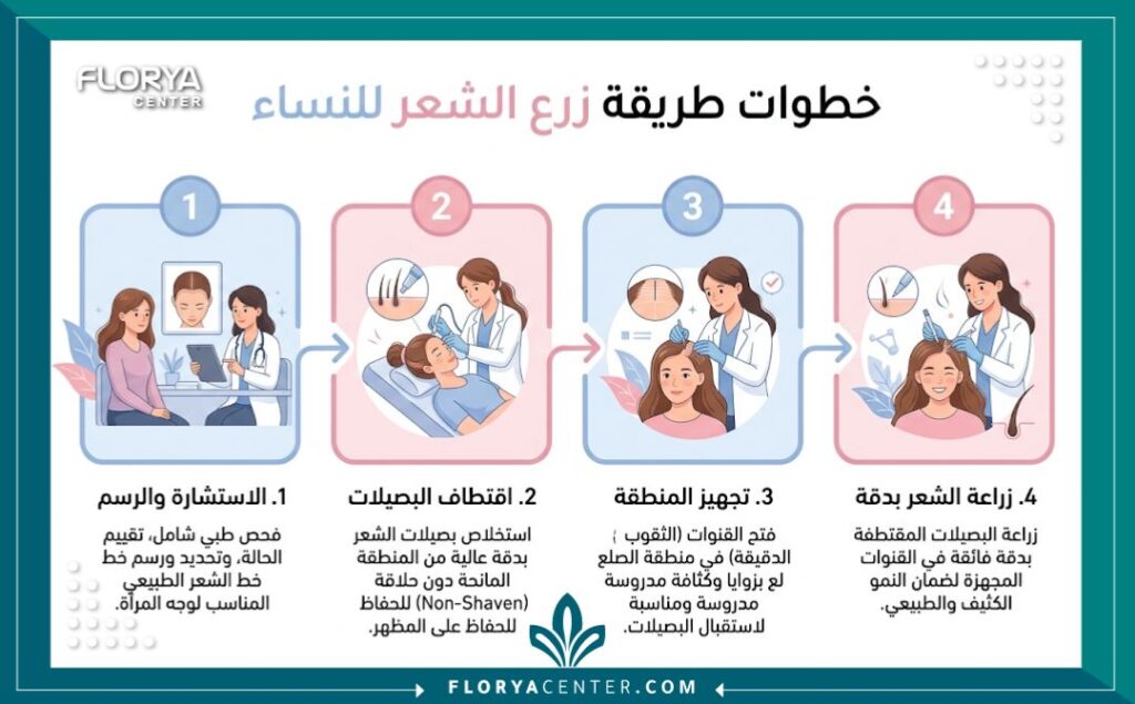 إنفوجرافيك يوضح خطوات مراحل طريقة زرع الشعر للنساء بالتفصيل من الاستشارة حتى النتائج.