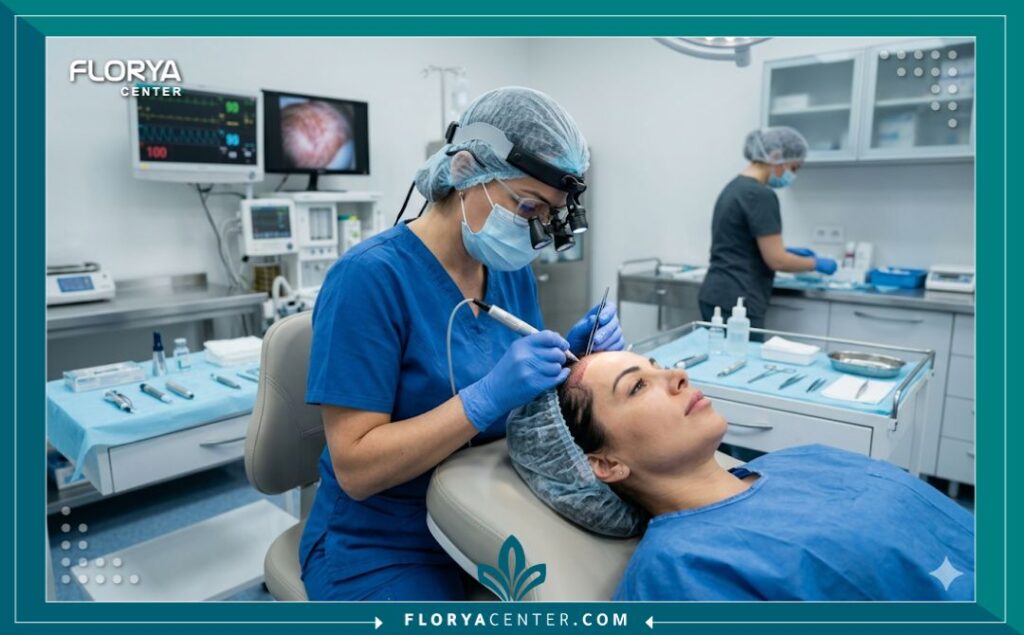 طبيبة متخصصة تقوم بإجراء عملية زراعة الشعر بدقة للمرأة باستخدام تقنية DHI في غرفة عمليات معقمة.