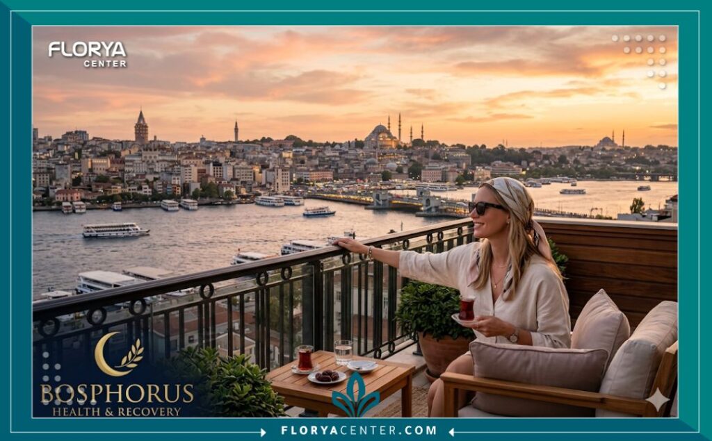 امرأة تقضي فترة نقاهة مريحة في اسطنبول بتركيا بعد إجراء عملية زراعة الشعر، مما يربط بين العلاج والسياحة الطبية.