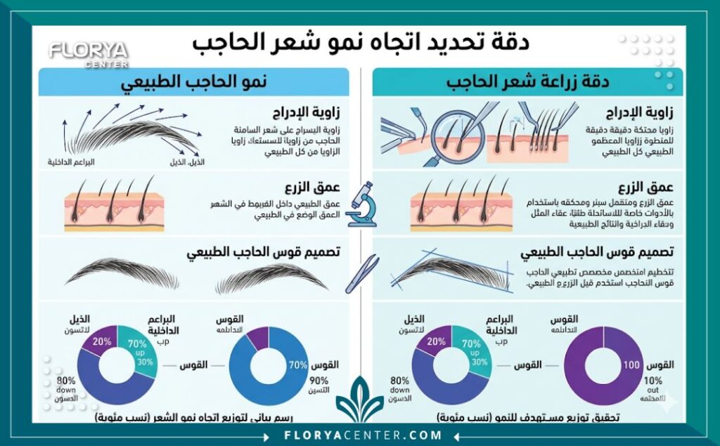 انفوجرافيك يقارن بين نمو شعر الحاجب الطبيعي ودقة تحديد اتجاه نمو الشعر في طريقة زرع شعر الحواجب