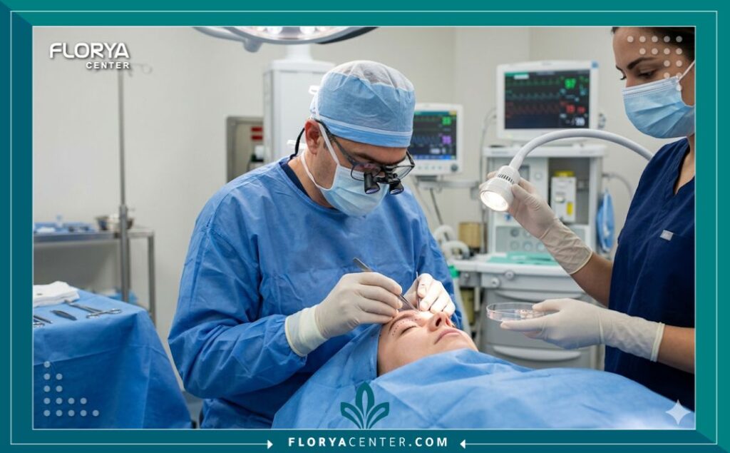 مشهد داخل غرفة عمليات حديثة حيث يقوم جراح متخصص بزراعة بصيلات الشعر في حاجب المريض بدقة عالية