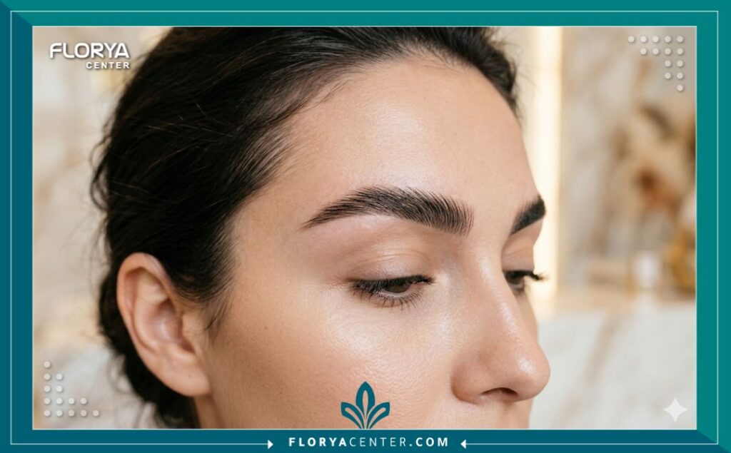 لقطة قريبة تجميلية تُبرز النتيجة الجمالية لزراعة الحواجب، مع التركيز على كثافة واتجاه الشعر الطبيعي