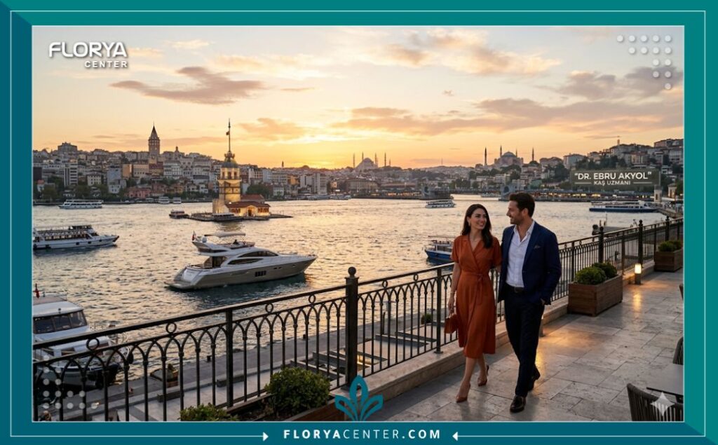 منظر بانورامي لاسطنبول عند الغروب مع التركيز على تجربة السياحة العلاجية الناجحة لزراعة الحواجب في تركيا