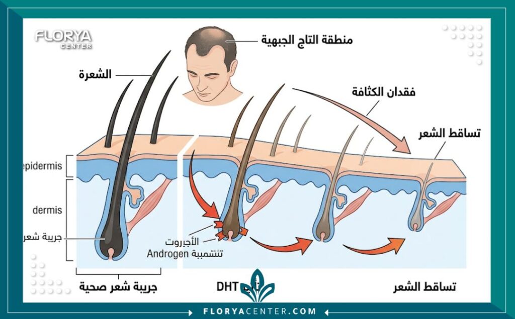 مخطط طبي يوضح تشريح جريبات الشعر وتأثير هرمون DHT في الصلع الوراثي للرجال - توضيح علمي.