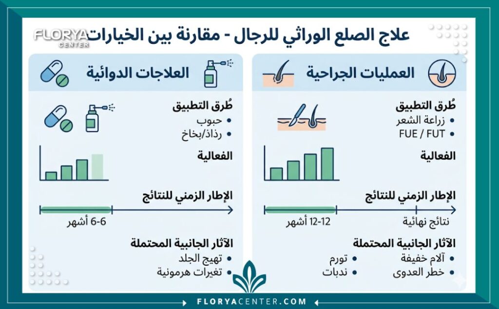 إنفوجرافيك مقارنة بين خيارات علاج الصلع الوراثي للرجال: الأدوية مقابل زراعة الشعر.