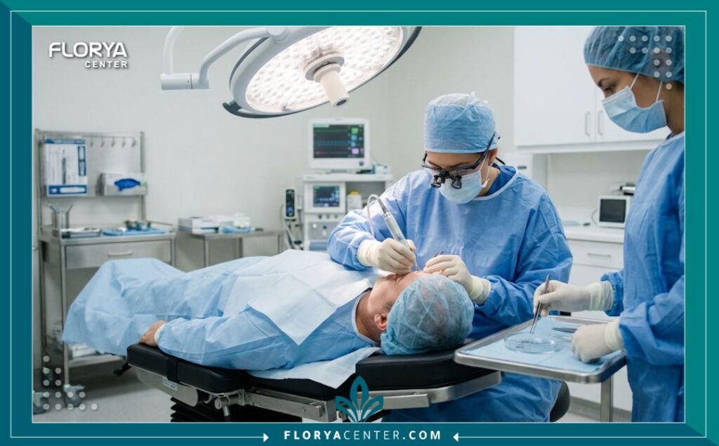 داخل غرفة العمليات المعقمة في عيادة زراعة الشعر في اسطنبول - عملية علاج الصلع الوراثي للرجال.