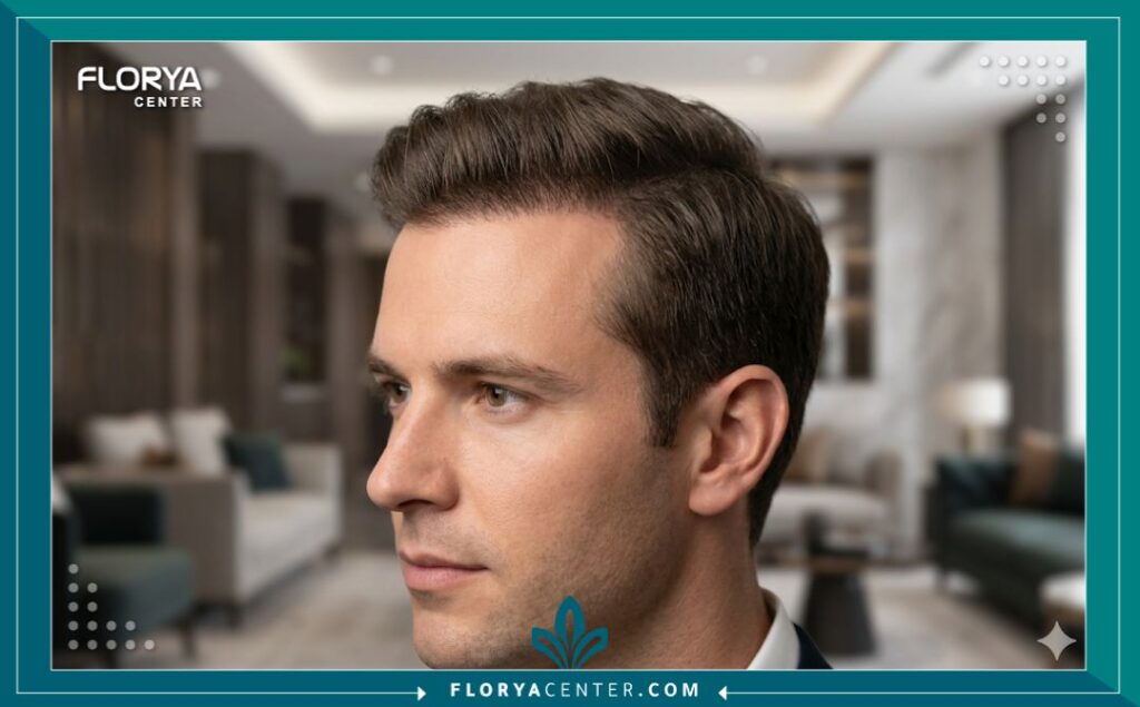 لقطة مكبرة لخط الشعر الطبيعي للرجل بعد نجاح زراعة الشعر لعلاج الصلع الوراثي - كثافة عالية.