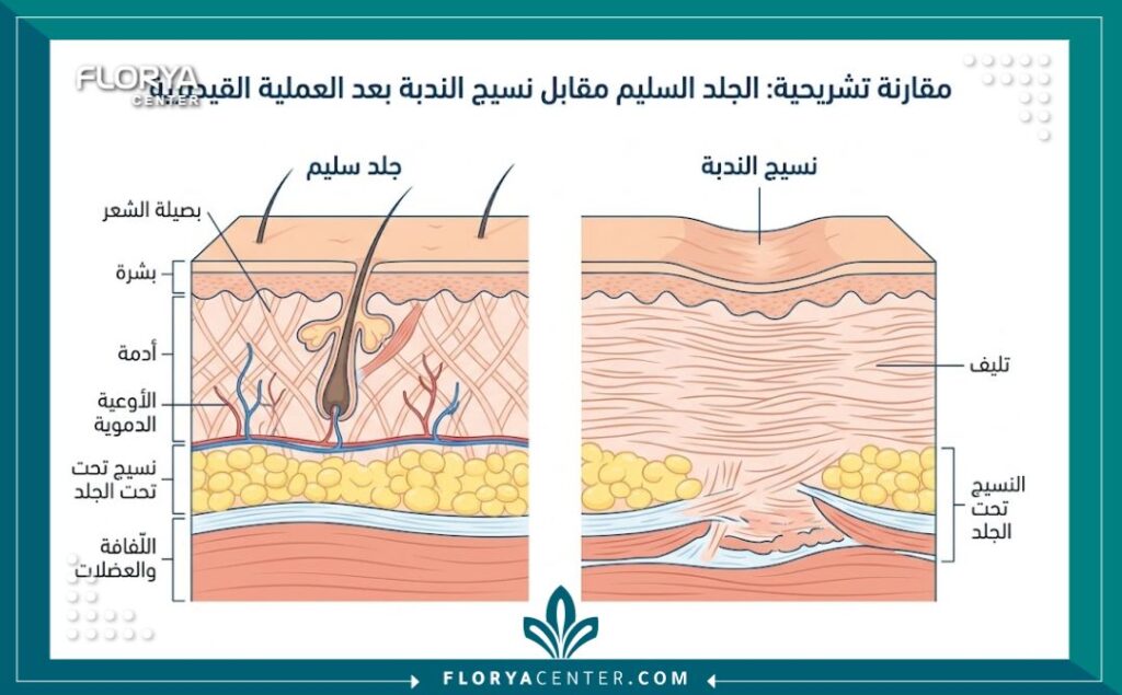 مخطط طبي يوضح الفرق بين أنسجة الندبة والجلد السليم عند علاج ندبات القيصرية.