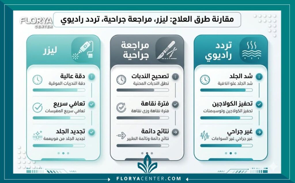 إنفوجرافيك مقارنة بين تقنيات الليزر والجراحة لعلاج ندبات الولادة في تركيا في اسطنبول.