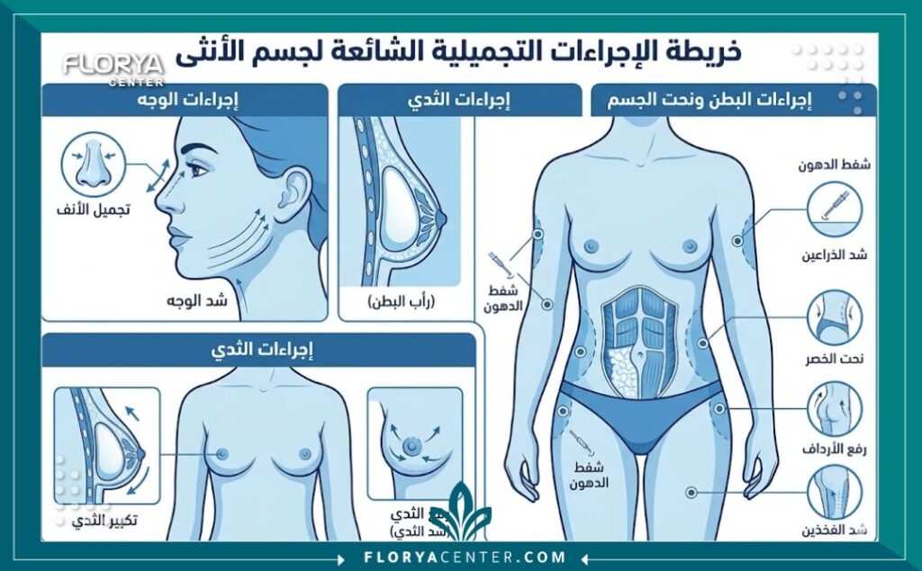 رسم توضيحي طبي تعليمي يوضح تشريح المناطق الشائعة لعمليات التجميل النسائية في الجسم والوجه، مع تسميات دقيقة وواضحة باللغة العربية.