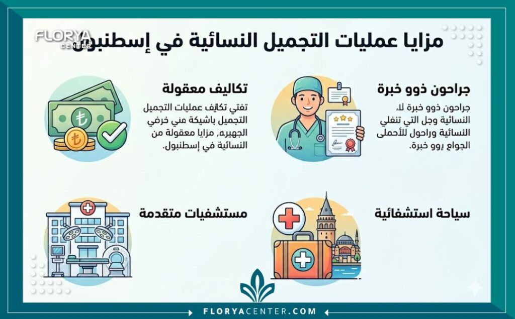 إنفوجرافيك يوضح مزايا إجراء عمليات التجميل النسائية في إسطنبول، تشمل تكاليف معقولة، جراحين ذوي خبرة، مستشفيات متقدمة، وفرص السياحة الاستشفائية.