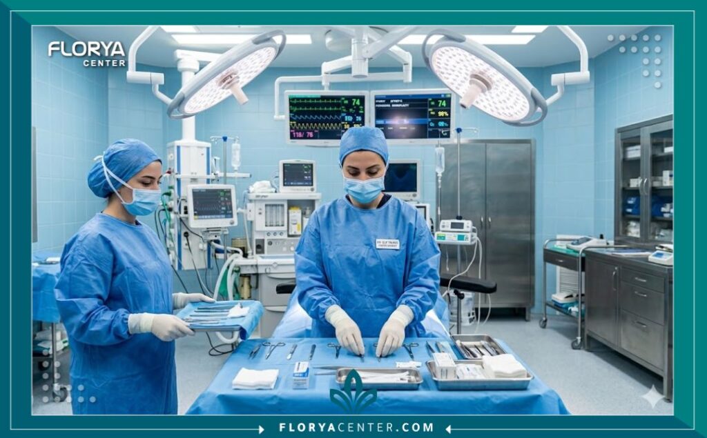 لقطة احترافية من داخل غرفة عمليات حديثة ومجهزة في مستشفى في إسطنبول، تظهر جراحة تجميل نسائية وفريقها يستعدون لإجراء عملية، تعكس الاحترافية والتعقيم.