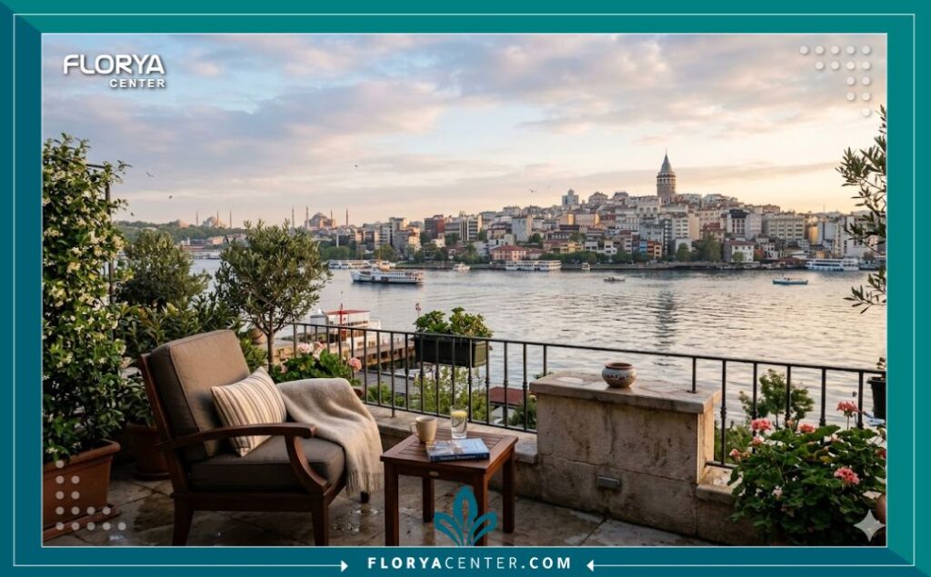 : مشهد هادئ من إسطنبول على ضفاف البوسفور مع إطلالة على برج غالاتا، يعكس جوًا من الاسترخاء والتعافي المرتبط بسياحة التجميل النسائية في تركيا.