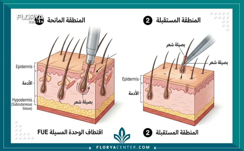 رسم توضيحي طبي يوضح خطوات تقنية الاقتطاف FUE لزراعة الشعر، من استخراج البصيلة من المنطقة المانحة إلى زراعتها في المنطقة المستقبلة.